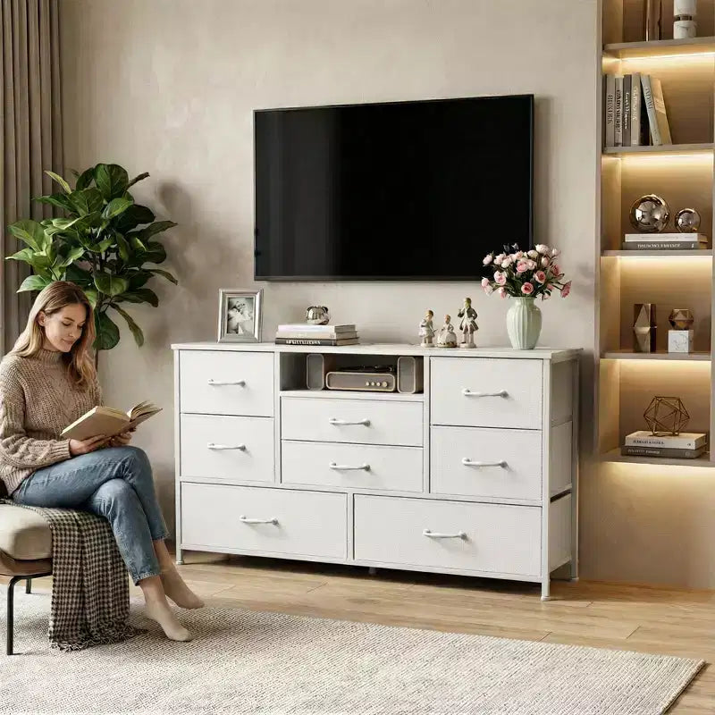 Wide White 8 Drawer Dresser Fabric Storage Chest of Drawers Charging Station Open Shelf Bedroom Nursery Furniture Media Console TV Stand