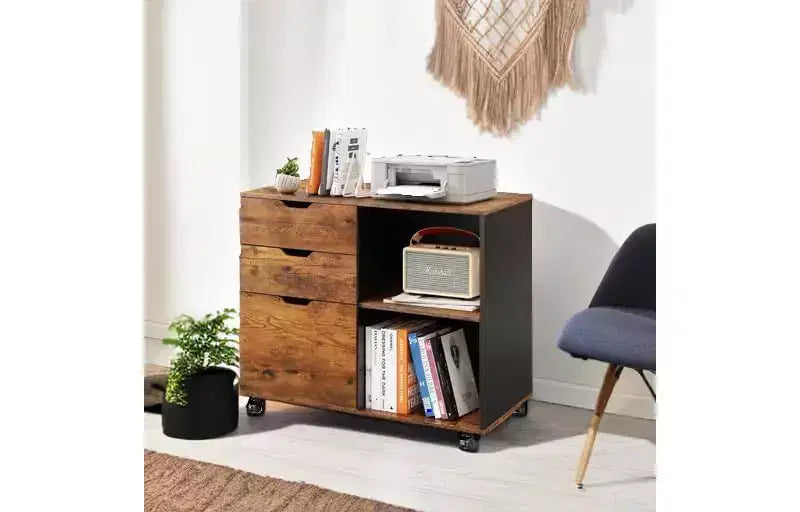 Meuble de classement en bois à 3 tiroirs, classeur latéral mobile, support d'imprimante avec étagères de rangement ouvertes pour le bureau à domicile