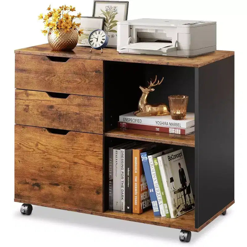 Meuble de classement en bois à 3 tiroirs, classeur latéral mobile, support d'imprimante avec étagères de rangement ouvertes pour le bureau à domicile
