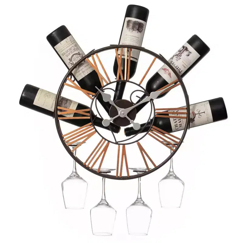 Vintiquewise Wall-Mounted Clock Design Wine Holder with Stemware Rack - Unique Shelf for Champagne, White & Red Wine Organizer with 4 Glass Holders