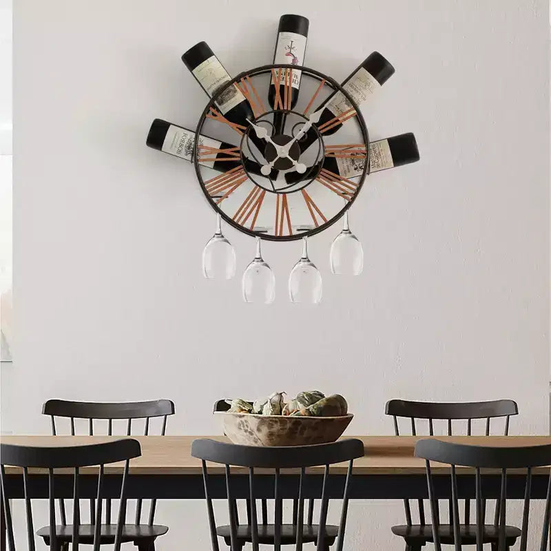 Porte-bouteilles mural en forme d'horloge avec support à verres - Étagère unique pour champagne, vin blanc et vin rouge avec 4 porte-verres