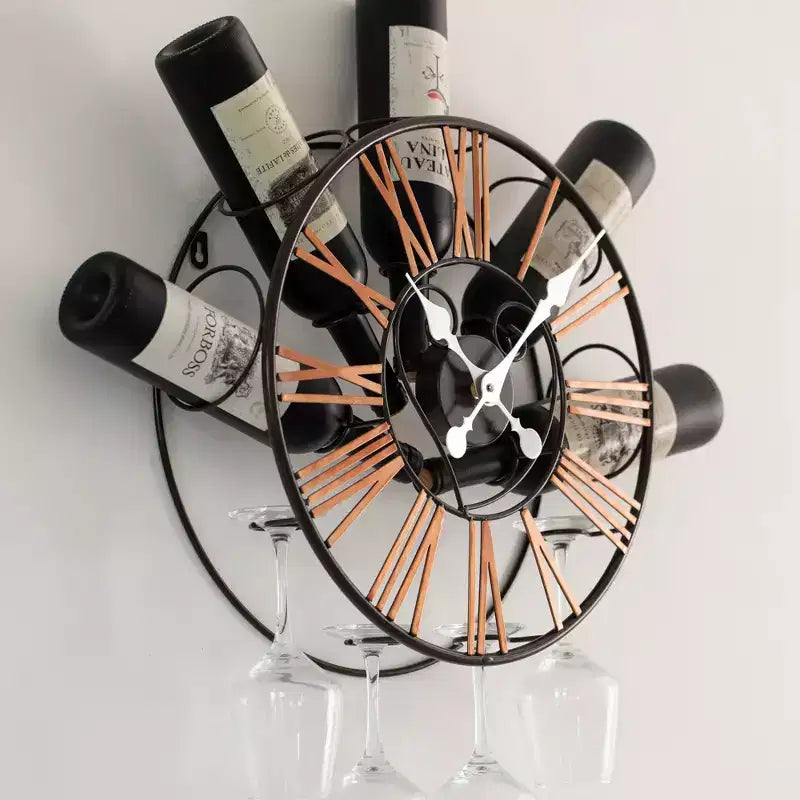 Porte-bouteilles mural en forme d'horloge avec support à verres - Étagère unique pour champagne, vin blanc et vin rouge avec 4 porte-verres