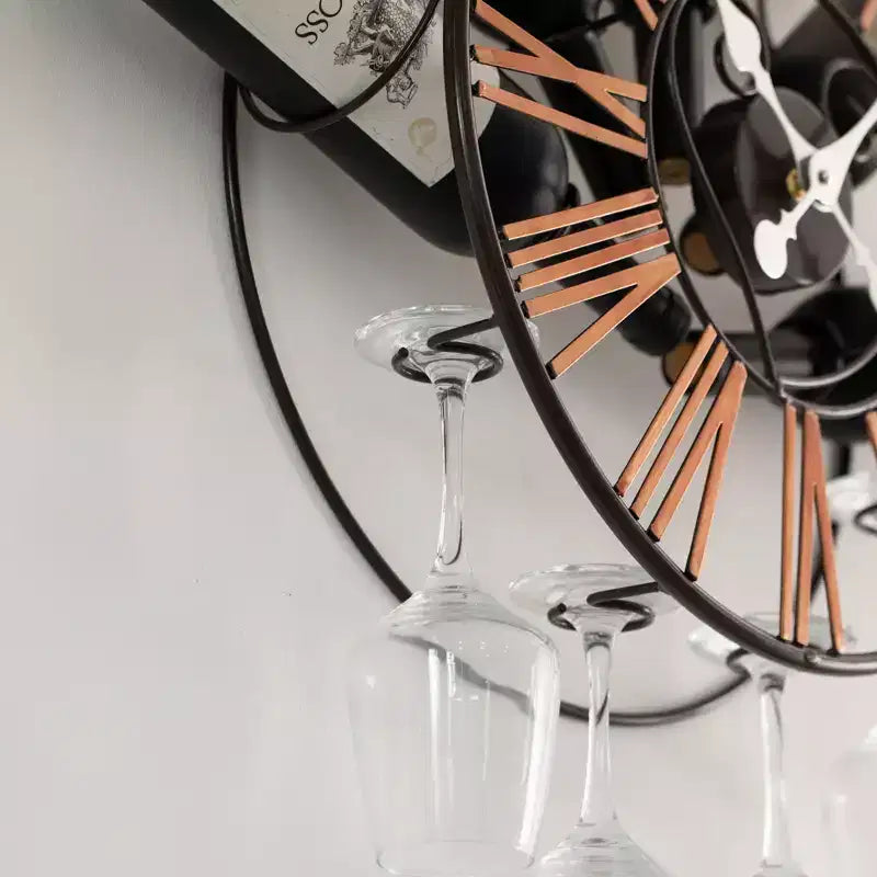Porte-bouteilles mural en forme d'horloge avec support à verres - Étagère unique pour champagne, vin blanc et vin rouge avec 4 porte-verres