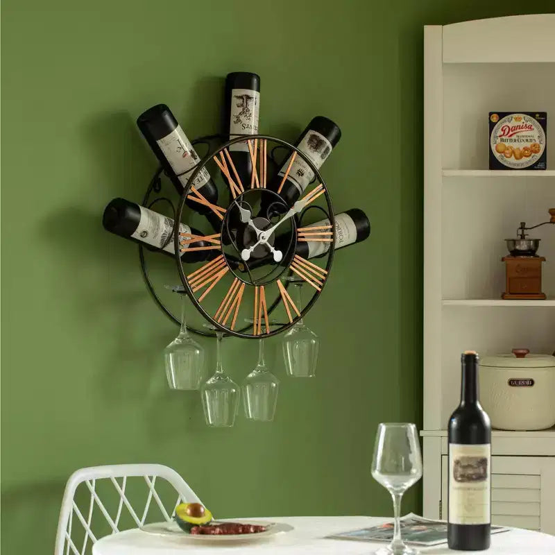 Porte-bouteilles mural en forme d'horloge avec support à verres - Étagère unique pour champagne, vin blanc et vin rouge avec 4 porte-verres