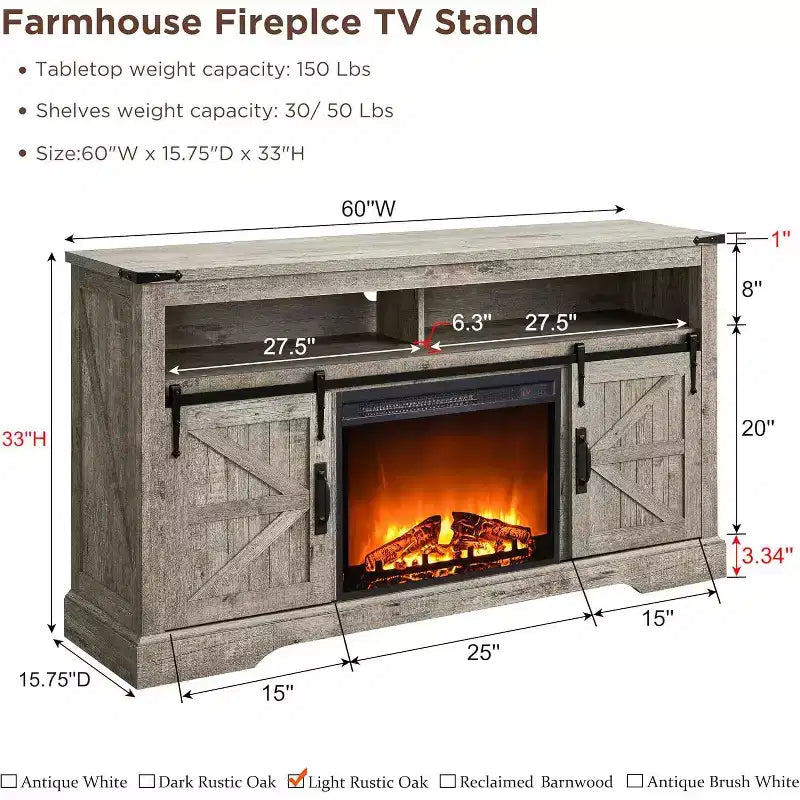 Meuble TV avec cheminée de 60 pouces pour téléviseurs de 65+ pouces, meuble TV haut de 33 pouces avec porte coulissante de style grange