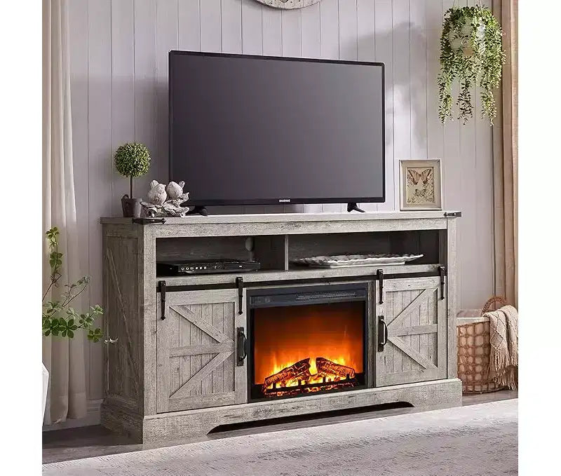 Meuble TV avec cheminée de 60 pouces pour téléviseurs de 65+ pouces, meuble TV haut de 33 pouces avec porte coulissante de style grange