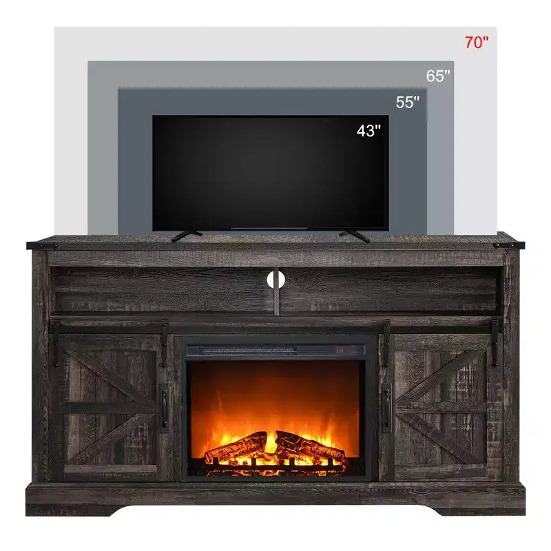 Meuble TV avec cheminée de 60 pouces pour téléviseurs de 65+ pouces, meuble TV haut de 33 pouces avec porte coulissante de style grange