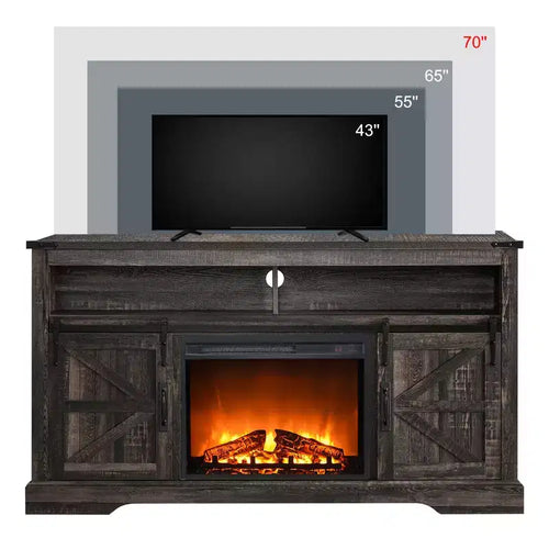 Meuble TV avec cheminée de 60 pouces pour téléviseurs de 65+ pouces, meuble TV haut de 33 pouces avec porte coulissante de style grange