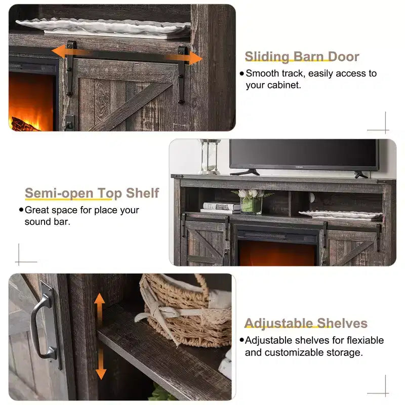 Meuble TV avec cheminée de 60 pouces pour téléviseurs de 65+ pouces, meuble TV haut de 33 pouces avec porte coulissante de style grange