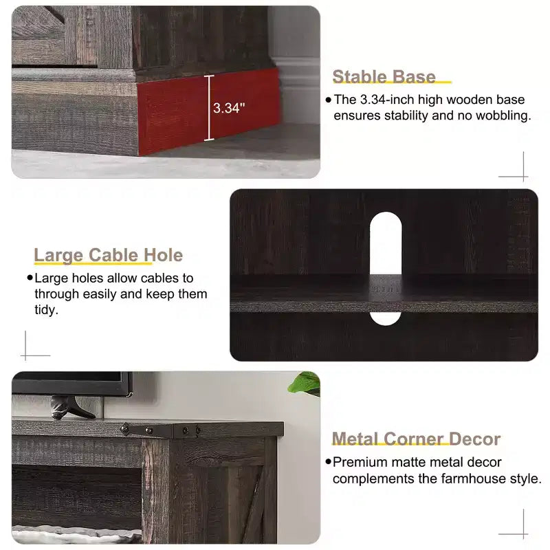 Meuble TV avec cheminée de 60 pouces pour téléviseurs de 65+ pouces, meuble TV haut de 33 pouces avec porte coulissante de style grange