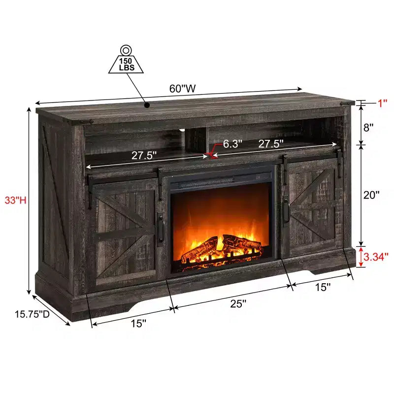 Meuble TV avec cheminée de 60 pouces pour téléviseurs de 65+ pouces, meuble TV haut de 33 pouces avec porte coulissante de style grange