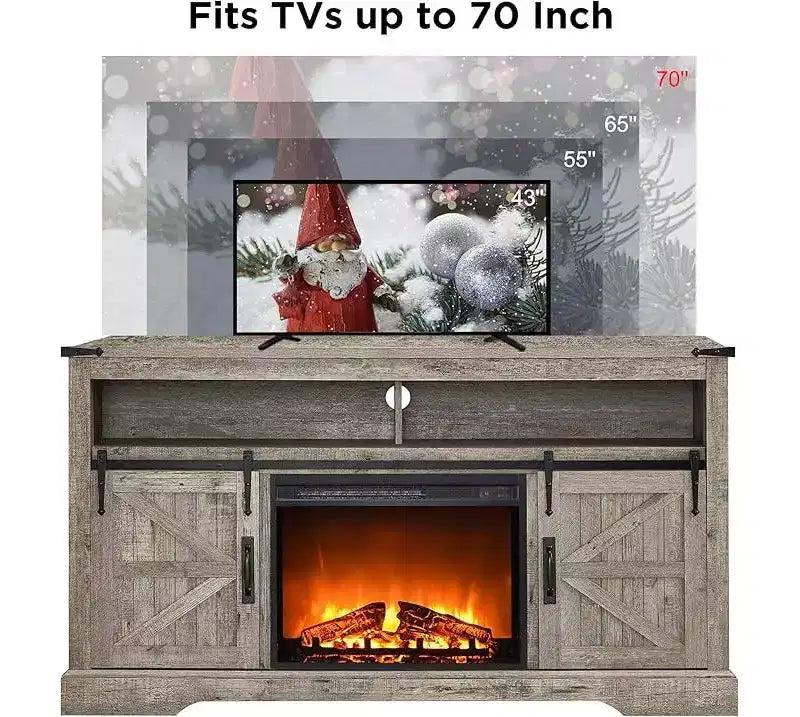 Meuble TV avec cheminée de 60 pouces pour téléviseurs de 65+ pouces, meuble TV haut de 33 pouces avec porte coulissante de style grange