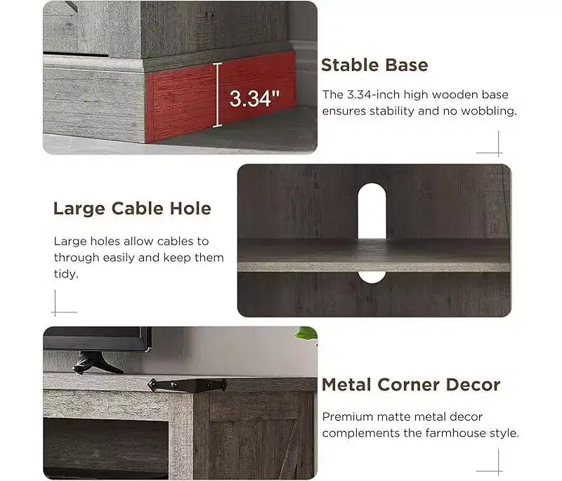 Meuble TV avec cheminée de 60 pouces pour téléviseurs de 65+ pouces, meuble TV haut de 33 pouces avec porte coulissante de style grange