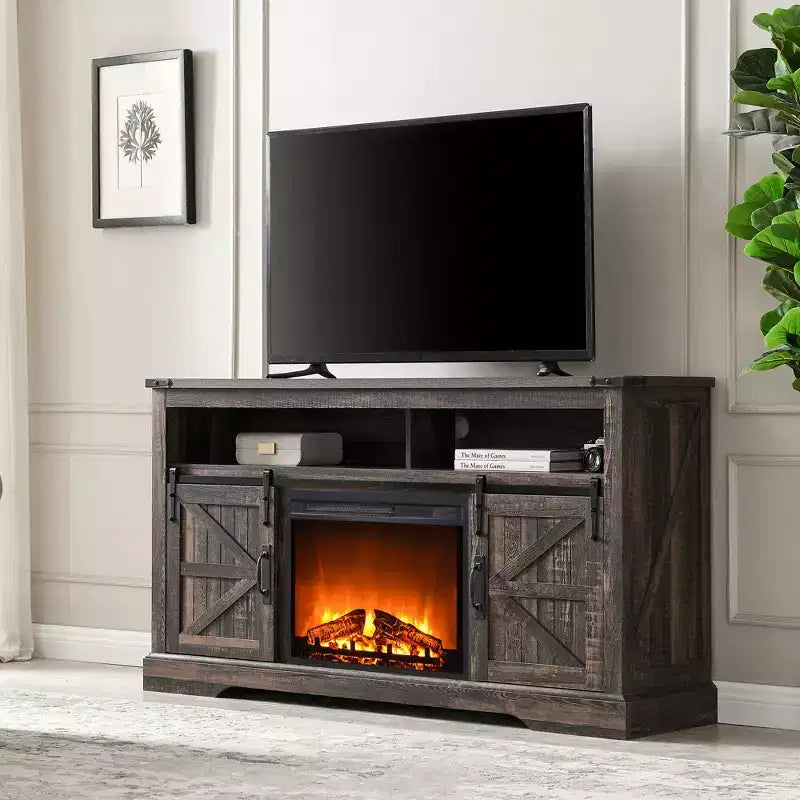 OKD 60 Fireplace TV Stand for 65+ Inch TV, 33 Tall TV Stand w/Sliding Barn Door