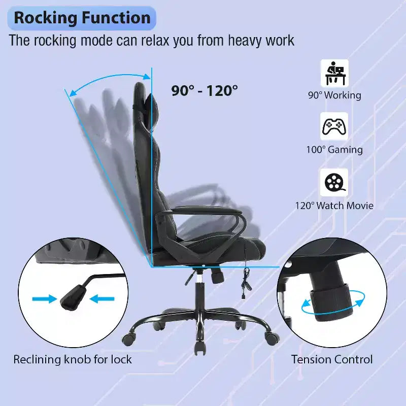Chaise de bureau Gaming Chiar confortable et élégante avec fonction massage, support lombaire réglable, pivotement à 360 degrés et roulettes fluides