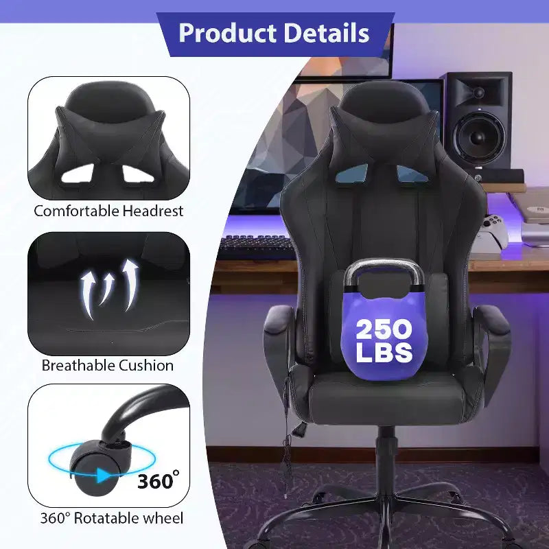 Chaise de bureau Gaming Chiar confortable et élégante avec fonction massage, support lombaire réglable, pivotement à 360 degrés et roulettes fluides