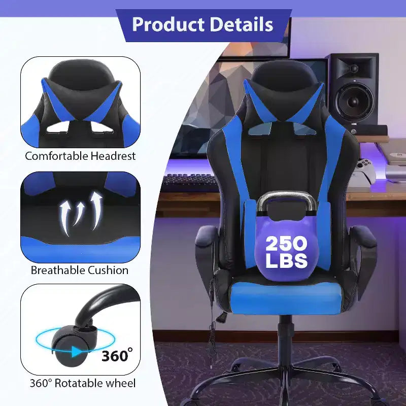 Chaise de bureau Gaming Chiar confortable et élégante avec fonction massage, support lombaire réglable, pivotement à 360 degrés et roulettes fluides