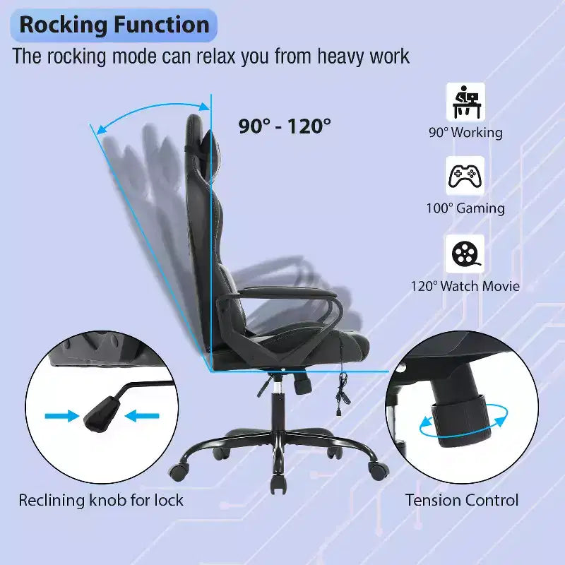 Chaise de bureau Gaming Chiar confortable et élégante avec fonction massage, support lombaire réglable, pivotement à 360 degrés et roulettes fluides
