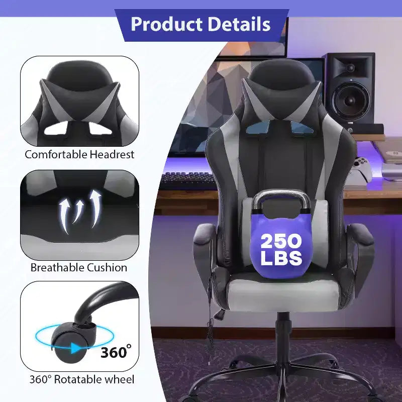 Chaise de bureau Gaming Chiar confortable et élégante avec fonction massage, support lombaire réglable, pivotement à 360 degrés et roulettes fluides