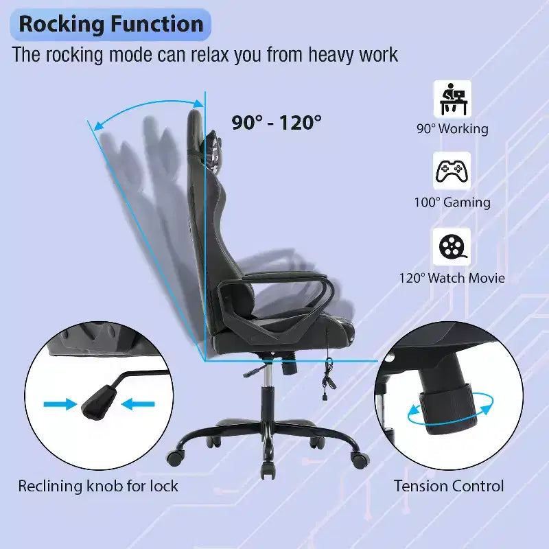 Chaise de bureau Gaming Chiar confortable et élégante avec fonction massage, support lombaire réglable, pivotement à 360 degrés et roulettes fluides