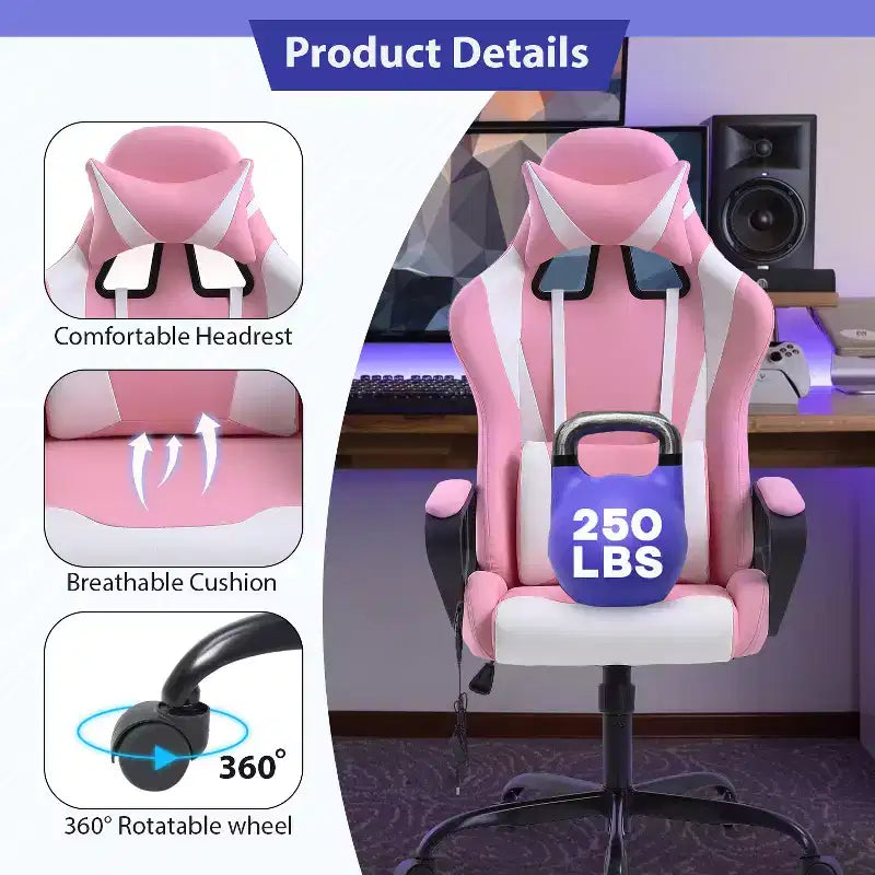 Chaise de bureau Gaming Chiar confortable et élégante avec fonction massage, support lombaire réglable, pivotement à 360 degrés et roulettes fluides