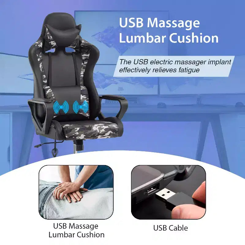 Chaise de bureau Gaming Chiar confortable et élégante avec fonction massage, support lombaire réglable, pivotement à 360 degrés et roulettes fluides