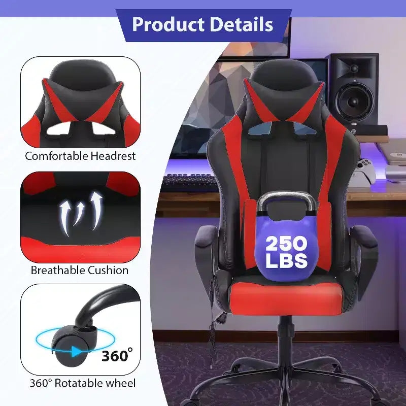 Chaise de bureau Gaming Chiar confortable et élégante avec fonction massage, support lombaire réglable, pivotement à 360 degrés et roulettes fluides