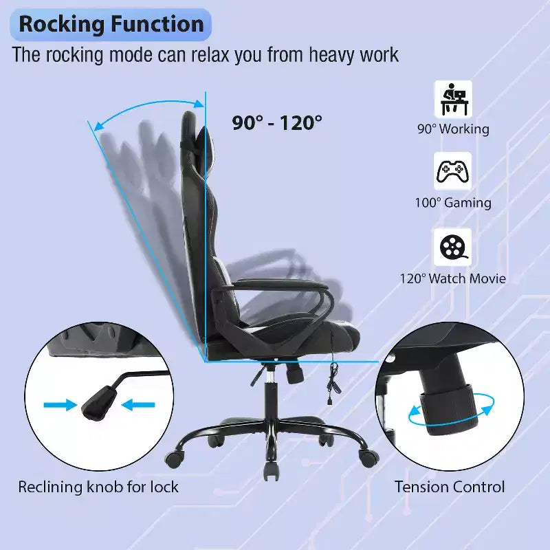 Chaise de bureau Gaming Chiar confortable et élégante avec fonction massage, support lombaire réglable, pivotement à 360 degrés et roulettes fluides