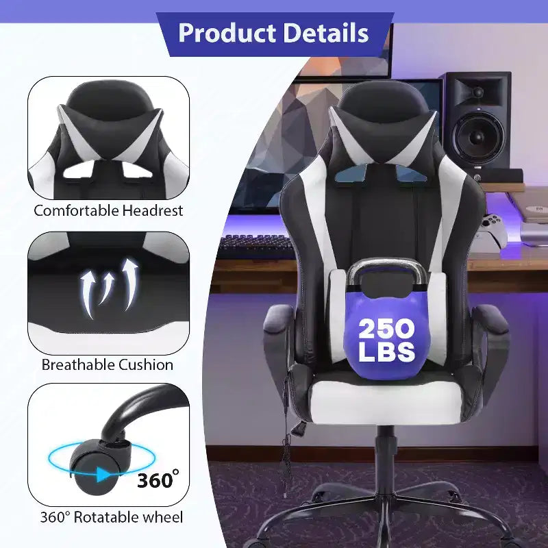 Chaise de bureau Gaming Chiar confortable et élégante avec fonction massage, support lombaire réglable, pivotement à 360 degrés et roulettes fluides