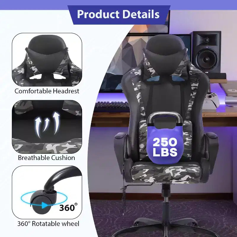 Chaise de bureau Gaming Chiar confortable et élégante avec fonction massage, support lombaire réglable, pivotement à 360 degrés et roulettes fluides