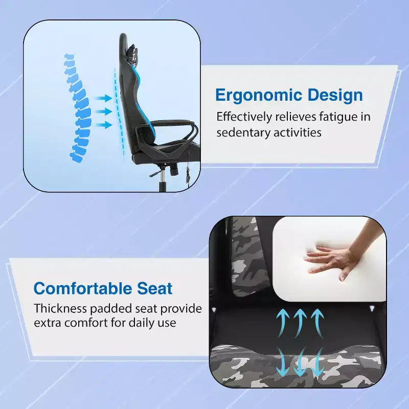 Chaise de bureau Gaming Chiar confortable et élégante avec fonction massage, support lombaire réglable, pivotement à 360 degrés et roulettes fluides