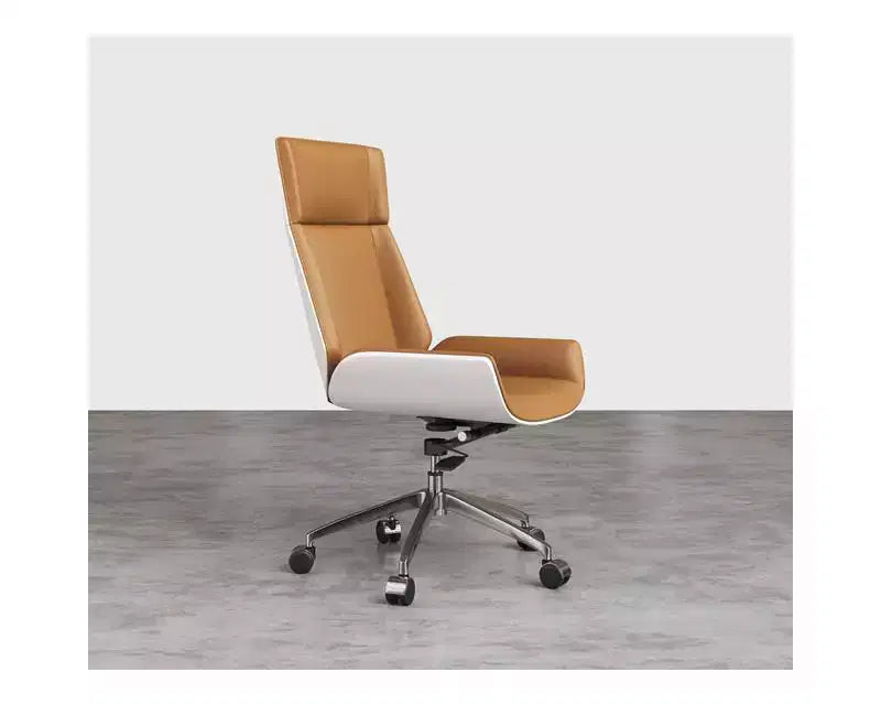 Fauteuil de bureau de direction à dossier haut avec dossier en bois courbé noyer et assise en similicuir, base pivotante et roulante