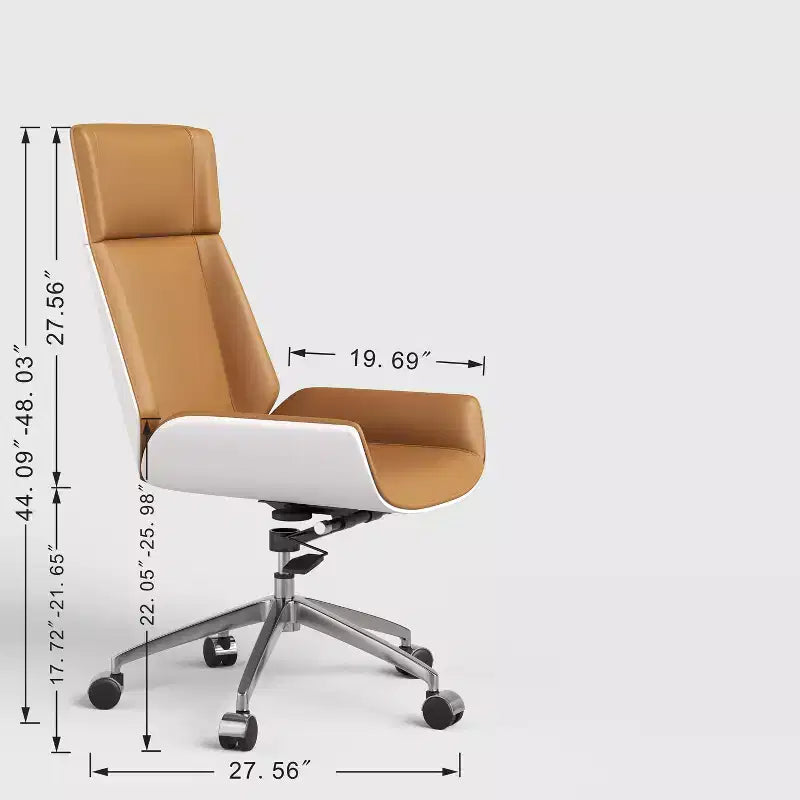 Fauteuil de bureau de direction à dossier haut avec dossier en bois courbé noyer et assise en similicuir, base pivotante et roulante