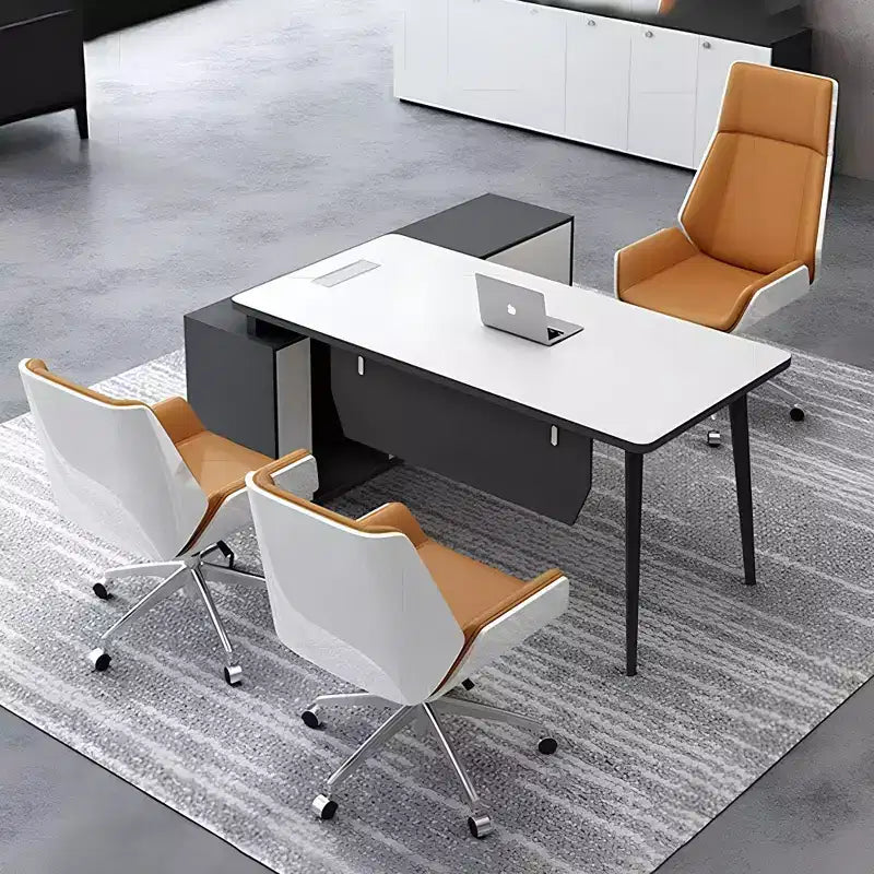 Fauteuil de bureau de direction à dossier haut avec dossier en bois courbé noyer et assise en similicuir, base pivotante et roulante