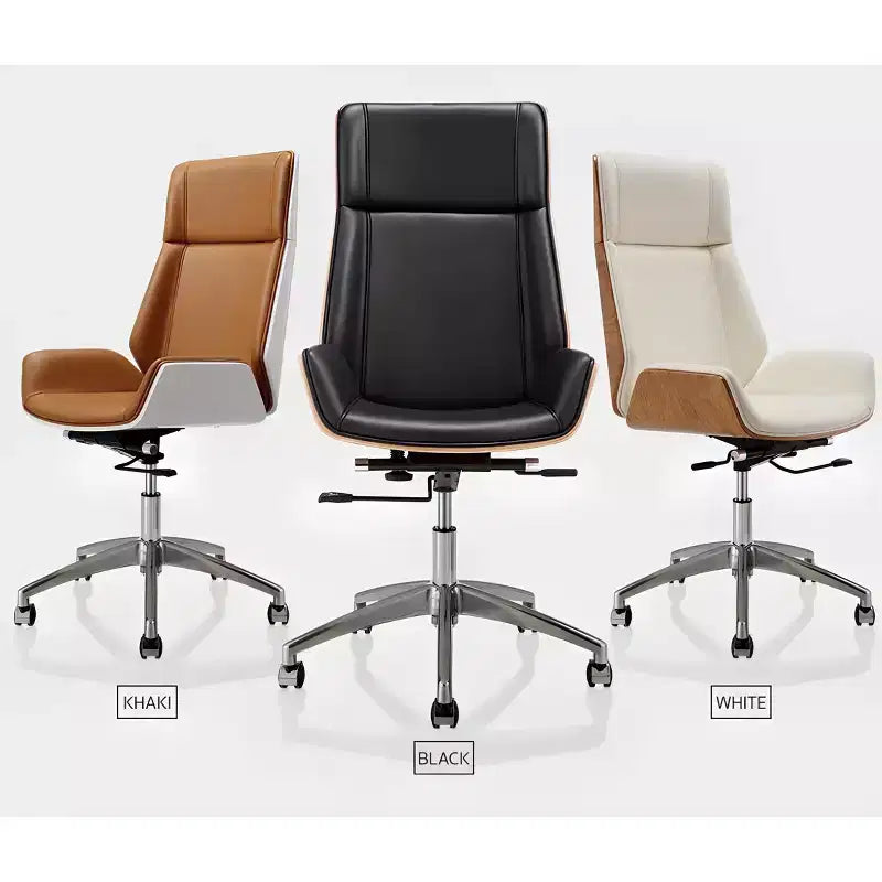 Fauteuil de bureau de direction à dossier haut avec dossier en bois courbé noyer et assise en similicuir, base pivotante et roulante