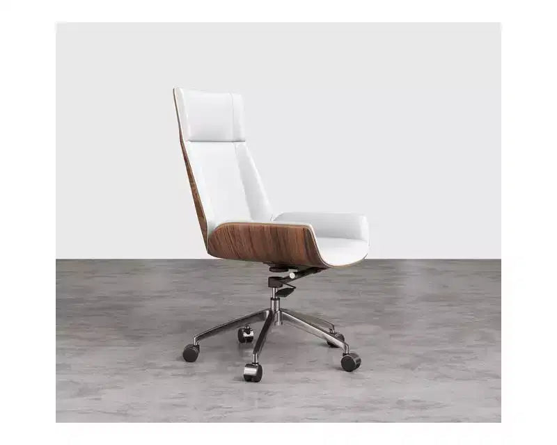 Fauteuil de bureau de direction à dossier haut avec dossier en bois courbé noyer et assise en similicuir, base pivotante et roulante
