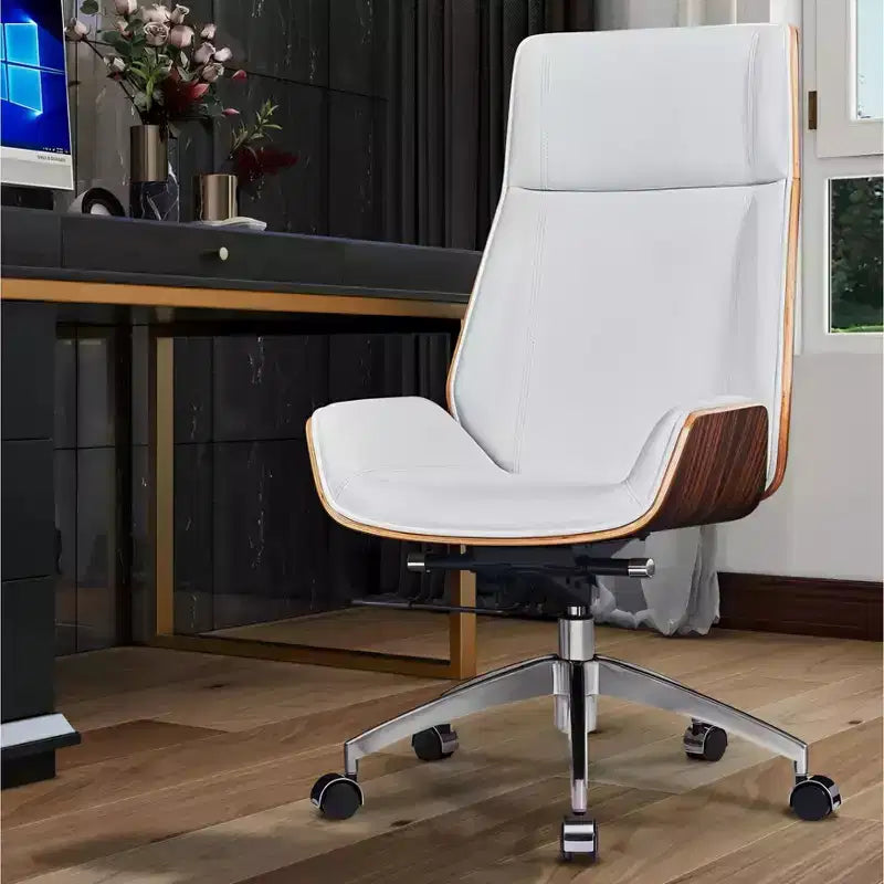 Fauteuil de bureau de direction à dossier haut avec dossier en bois courbé noyer et assise en similicuir, base pivotante et roulante