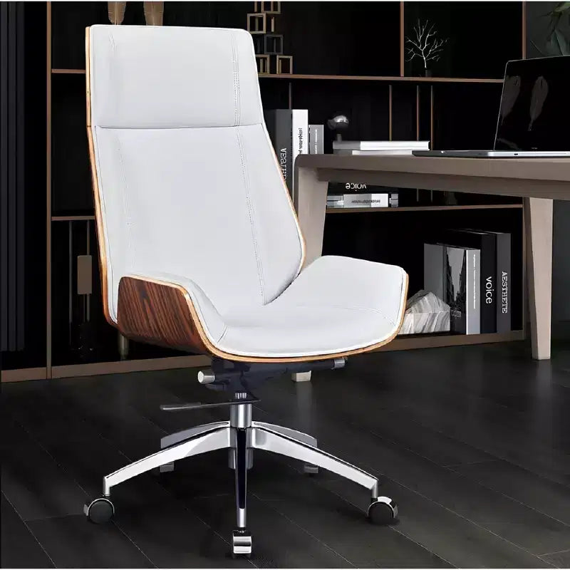 Fauteuil de bureau de direction à dossier haut avec dossier en bois courbé noyer et assise en similicuir, base pivotante et roulante