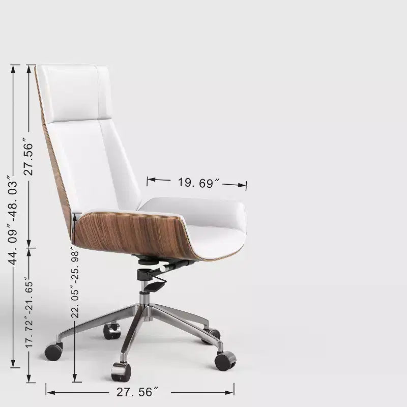 Fauteuil de bureau de direction à dossier haut avec dossier en bois courbé noyer et assise en similicuir, base pivotante et roulante