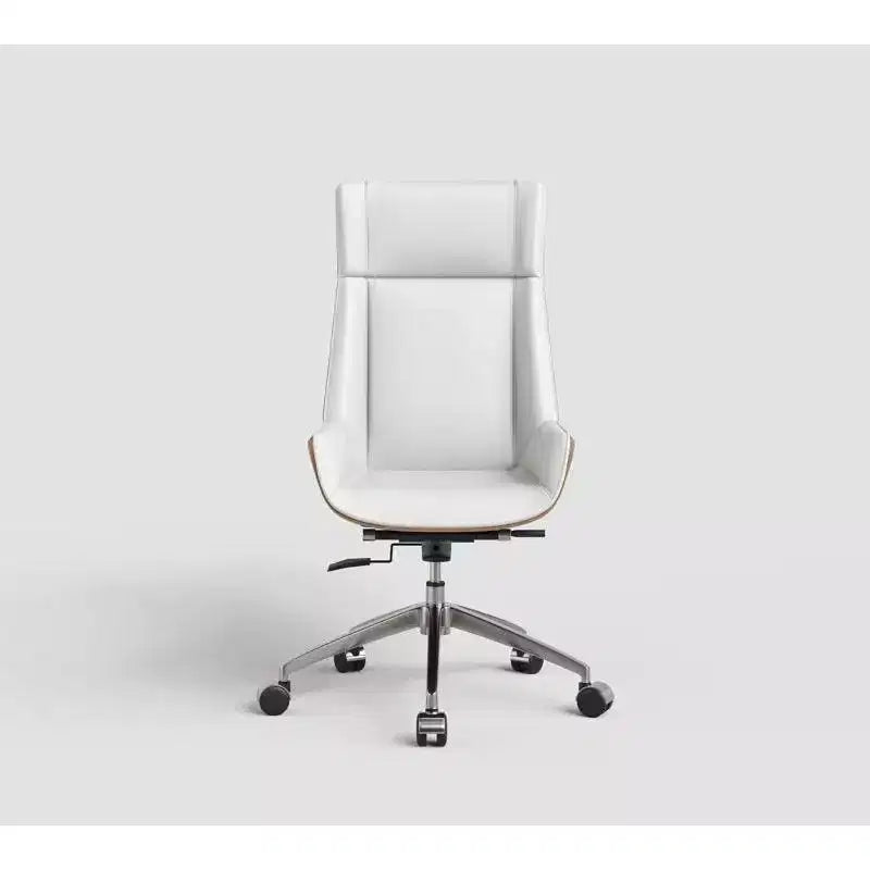 Fauteuil de bureau de direction à dossier haut avec dossier en bois courbé noyer et assise en similicuir, base pivotante et roulante