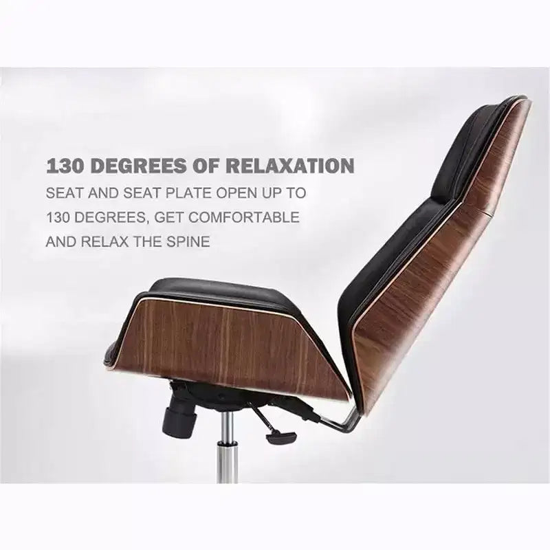 Fauteuil de bureau de direction à dossier haut avec dossier en bois courbé noyer et assise en similicuir, base pivotante et roulante