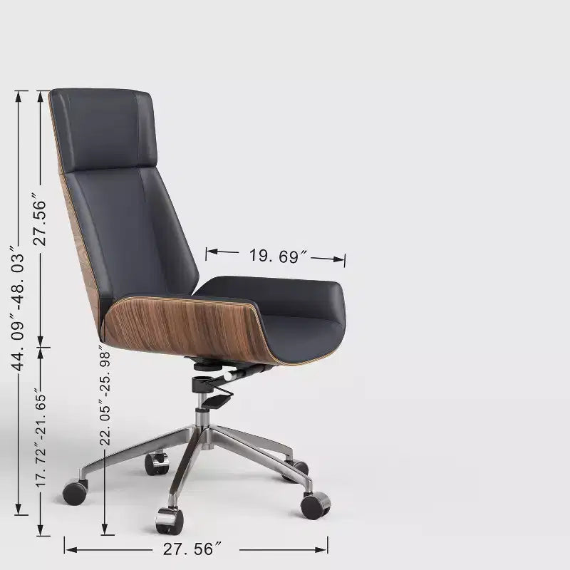 Fauteuil de bureau de direction à dossier haut avec dossier en bois courbé noyer et assise en similicuir, base pivotante et roulante
