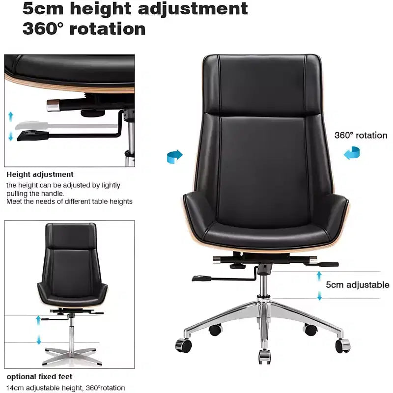 Fauteuil de bureau de direction à dossier haut avec dossier en bois courbé noyer et assise en similicuir, base pivotante et roulante