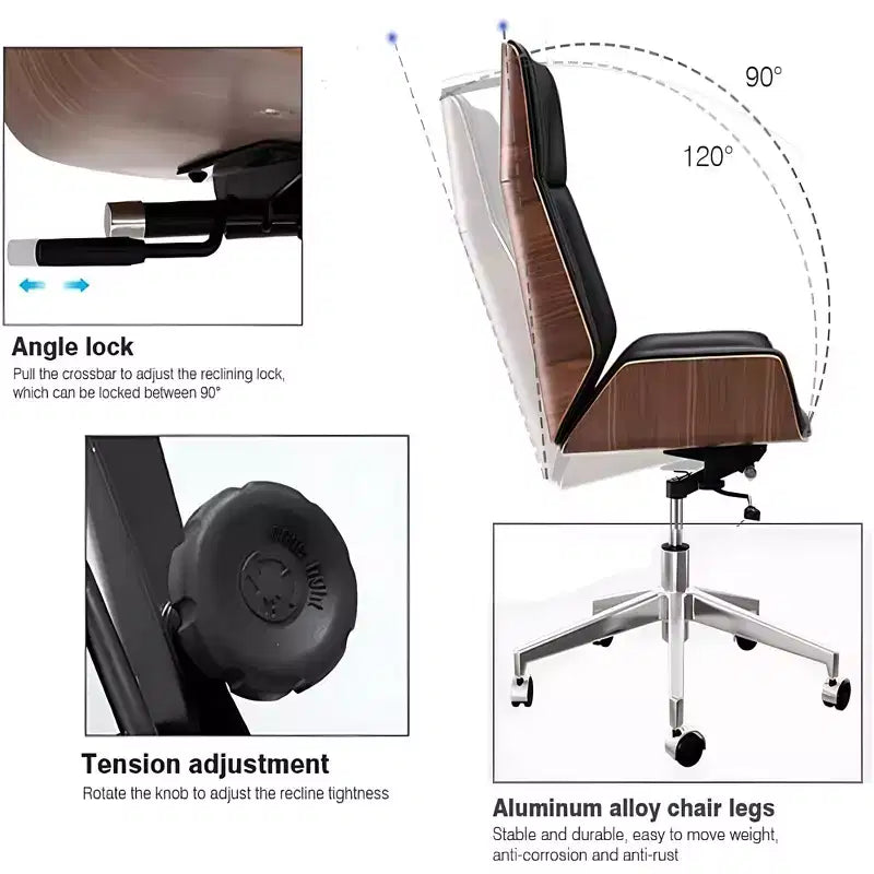 Fauteuil de bureau de direction à dossier haut avec dossier en bois courbé noyer et assise en similicuir, base pivotante et roulante