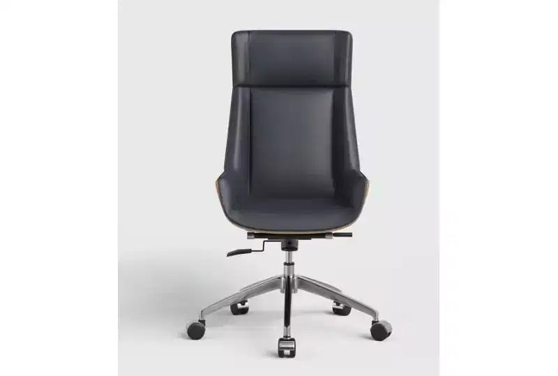 Fauteuil de bureau de direction à dossier haut avec dossier en bois courbé noyer et assise en similicuir, base pivotante et roulante