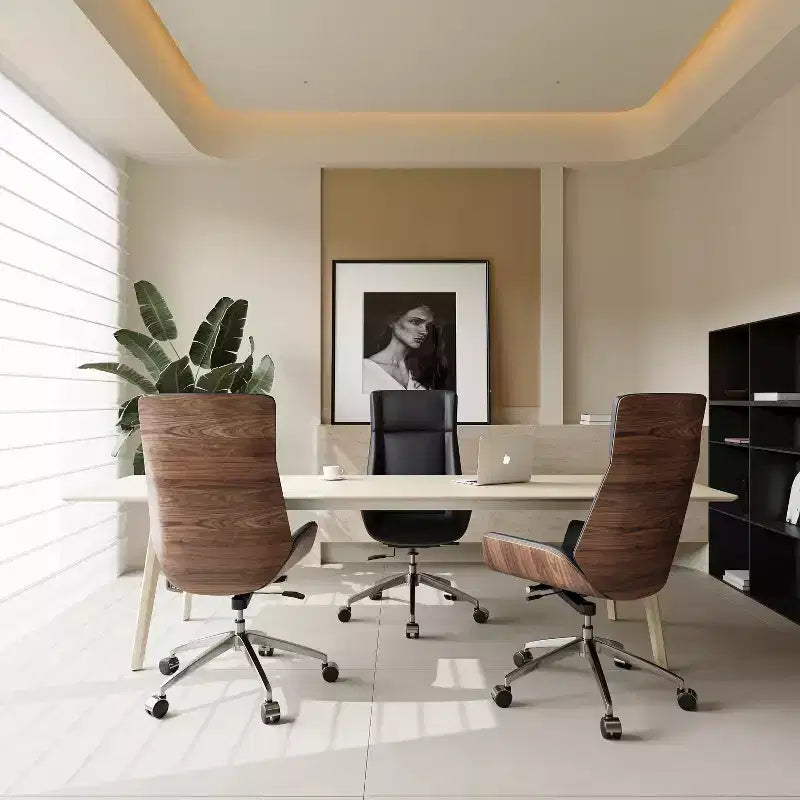 Tree City- High Back Executive Office Chair with Walnut Bent Wood Back and Faux Leather Seat  Swivel & Rolling Base