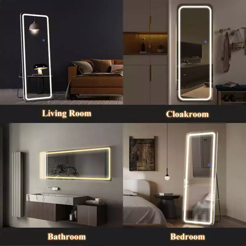 Miroir de courtoisie rectangulaire moderne pleine longueur à LED, 20 po L x 63 po H, avec lumières, en argent