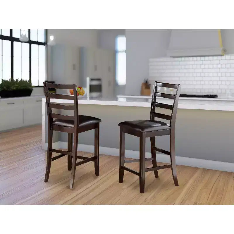 HomeStock 24 in.H Brown Finish Mid Back Wooden Counter Barstool in Rectangle Shape with Faux Leather Upholstered