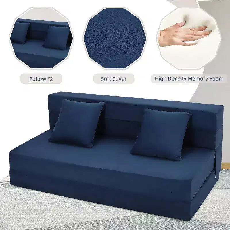 Folding Sofa Bed, Foldable Couch Bed with Pillow, Convertible Sleeper Chair Mattress, Futon Floor Couch with Memory Foam Washable Cover, Blue
