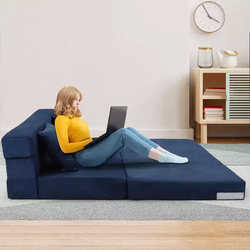Canapé-lit pliable, Canapé-lit pliant avec oreiller, Matelas de chaise-lit convertible, Canapé futon de sol avec housse lavable en mousse à mémoire de forme, Bleu
